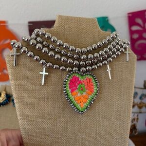 Handmade Neon Heart Statement Necklace - Pink & Green